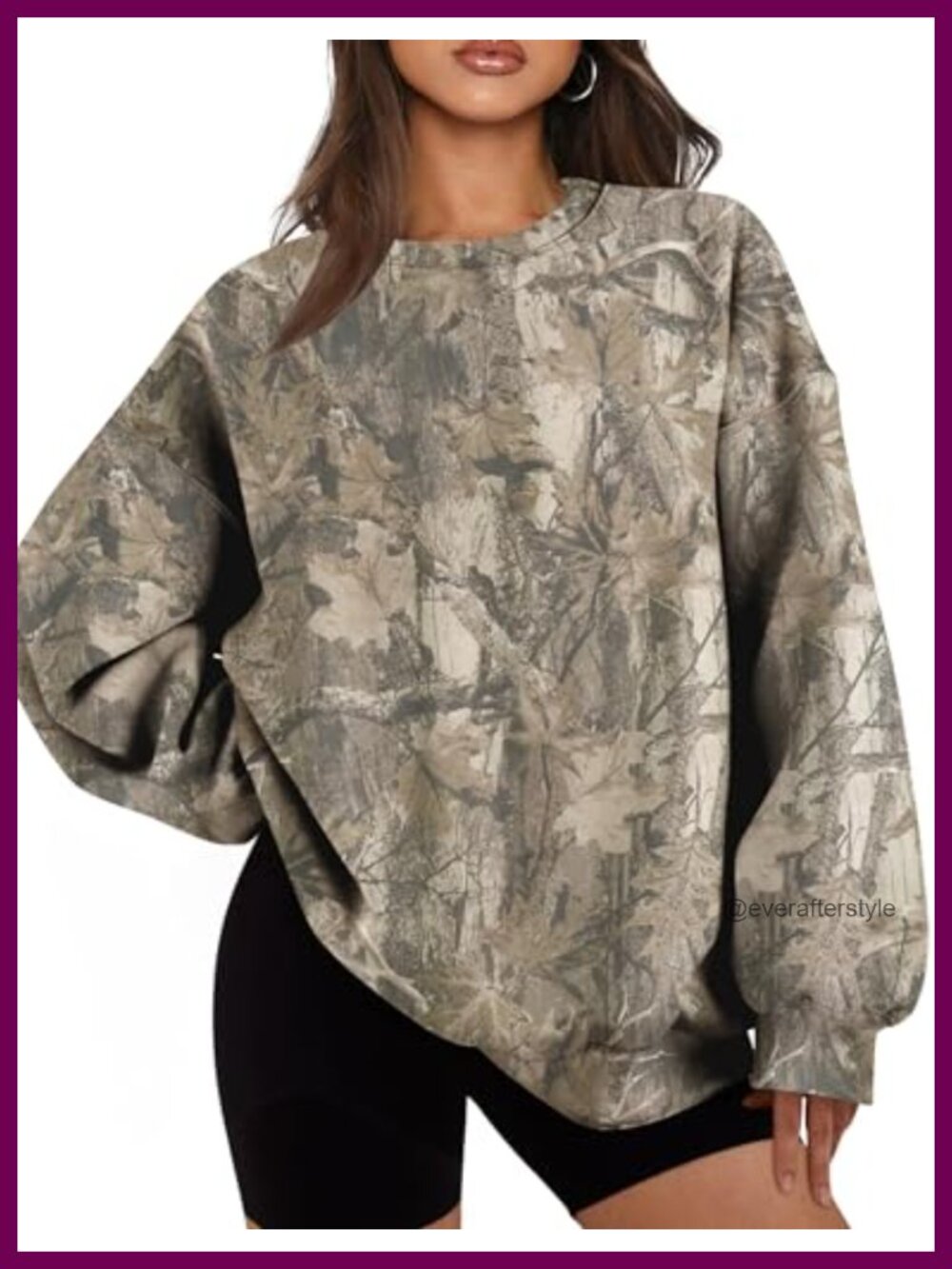 Oversized Camo Graphic Sweatshirt Maple Leaf Print Crewneck Cotton Blend Fleece